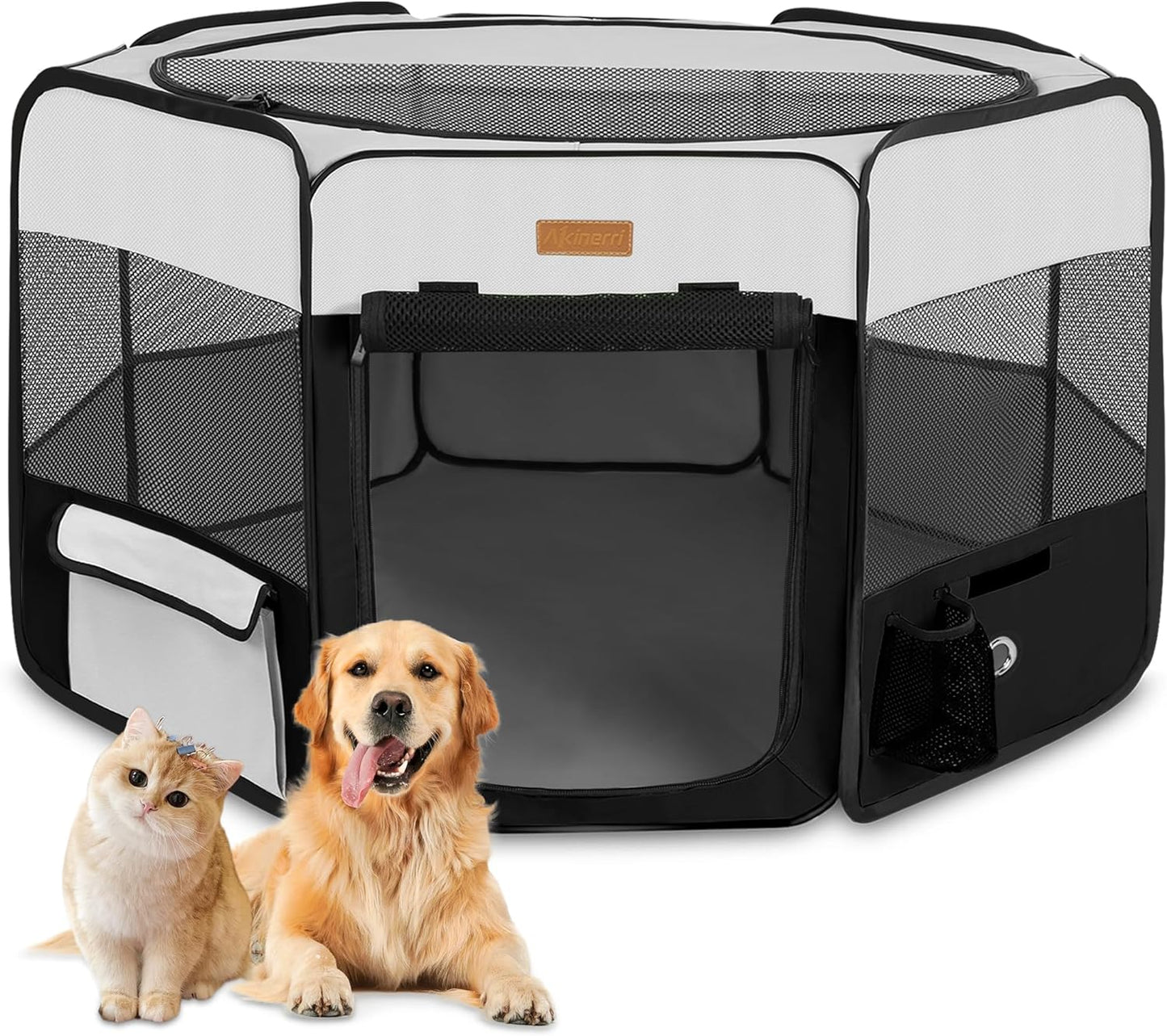 Portable Dog Playpen, Foldable Pet Play Pen for Puppy Cat, Black | Pop‑Up Dog Playpens Indoor & Outdoor, Waterproof Dog Kennel Cage, Removable Top, Travel Camping Playpen, Medium Size