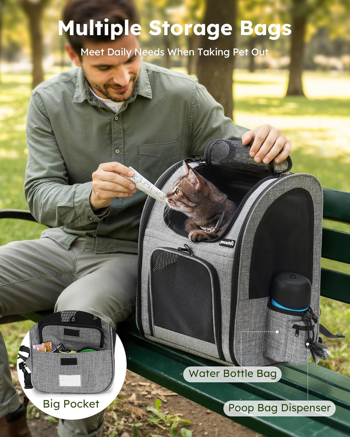 Cat Backpack Dog Backpack, Breathable Dog Rucksack, Grey,L | Cat Backpack Carrier with Front Opening-Mesh Window-Pockets, Airy Large Space for Carrying Pets under 5Kg