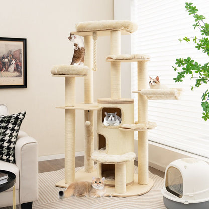 Albero per Gatti Multi-Livello Con Nicchia a 3 Piani 2 Cucce Tiragraffi, Torre per Gatti in Legno Da Interno 2 Colori