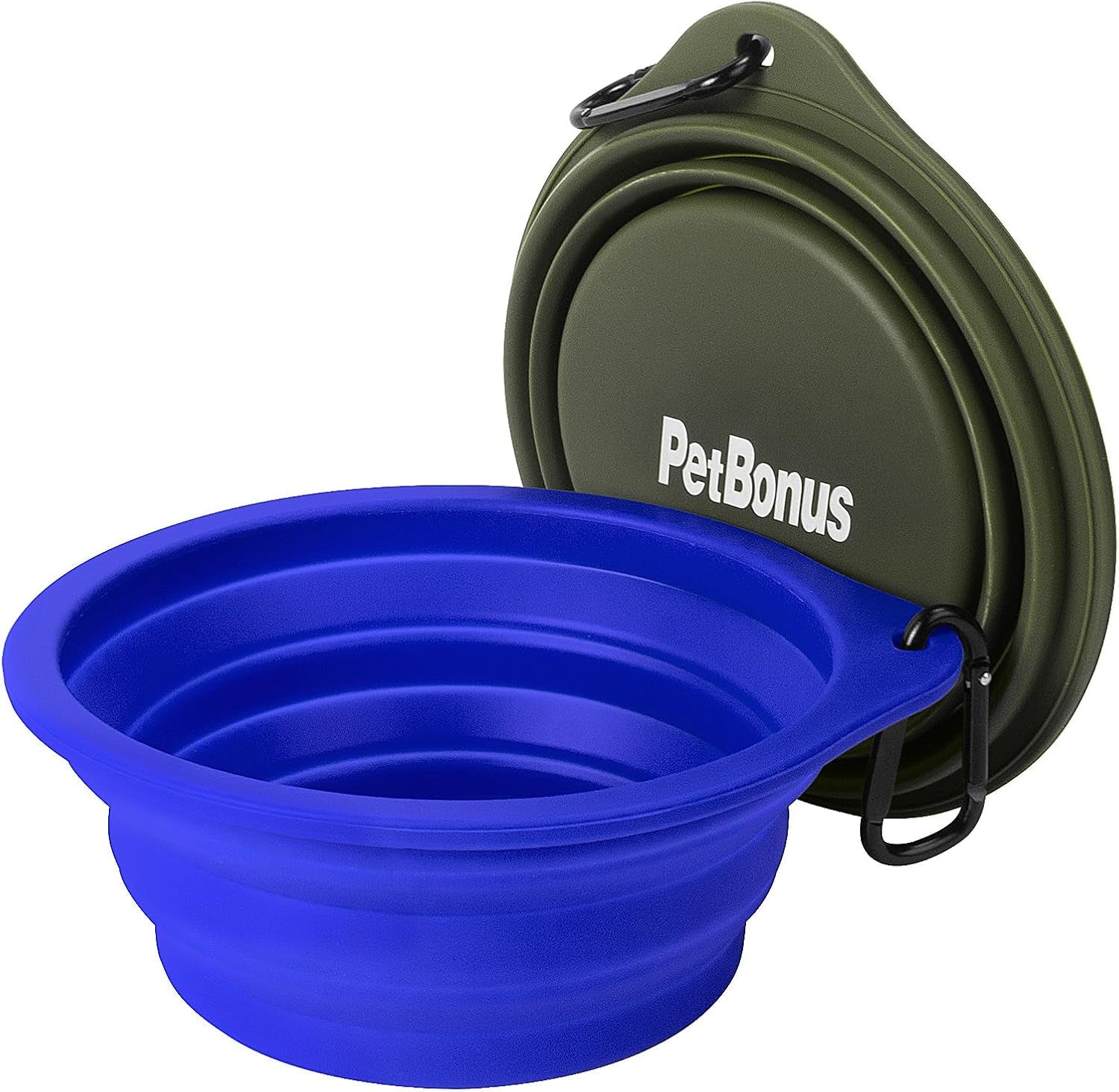 2-Pack Silicone Collapsible Dog Bowls, BPA Free Dishwasher Safe, Portable Foldable Expandable Travel Bowl, Food Water Feeding Cup Dish for Dogs Cats with 2 Carabiners (Army Green, Blue) | 20 Oz, Silicone, Foldable Expandable Cat Feeding Cup Dish, 2 Carabi