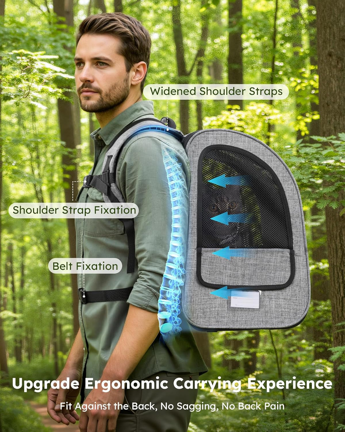 Cat Backpack Dog Backpack, Breathable Dog Rucksack, Grey,L | Cat Backpack Carrier with Front Opening-Mesh Window-Pockets, Airy Large Space for Carrying Pets under 5Kg