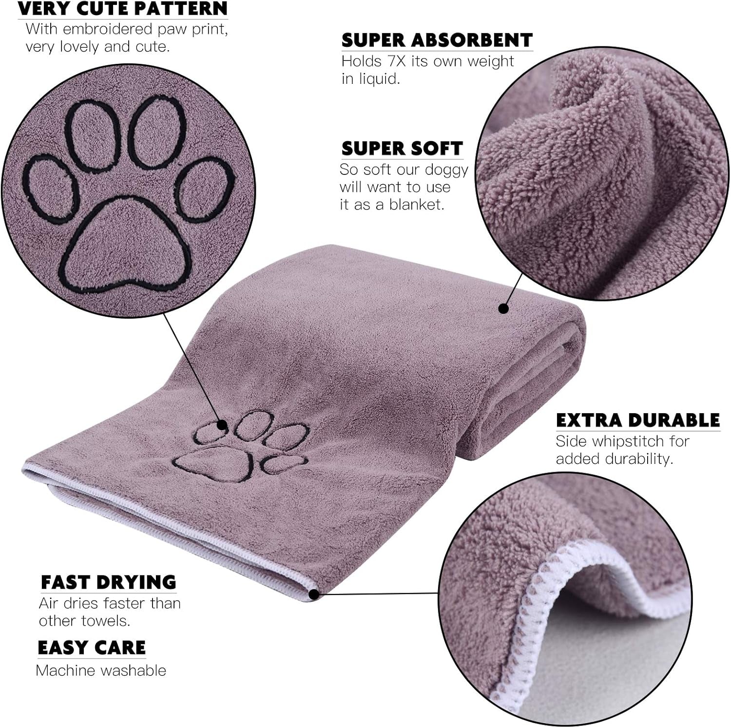 Dog Towel Absorbent Microfiber Pet Bath Towel for Dogs & Cats Purple | Quick Dry Dog Drying Towel Large 30X50 Inch with Paw Print, Machine Washable