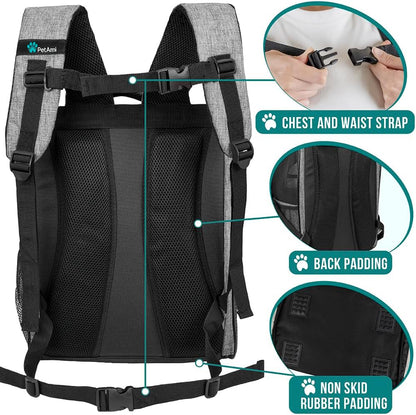 Deluxe Pet Carrier Backpack for Small Cats and Dogs, Puppies | Ventilated Design, Two-Sided Entry, Safety Features and Cushion Back Support | for Travel, Hiking, Outdoor Use (Heather Gray)