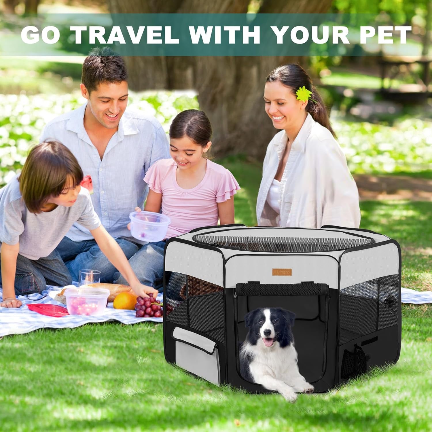 Portable Dog Playpen, Foldable Pet Play Pen for Puppy Cat, Black | Pop‑Up Dog Playpens Indoor & Outdoor, Waterproof Dog Kennel Cage, Removable Top, Travel Camping Playpen, Medium Size