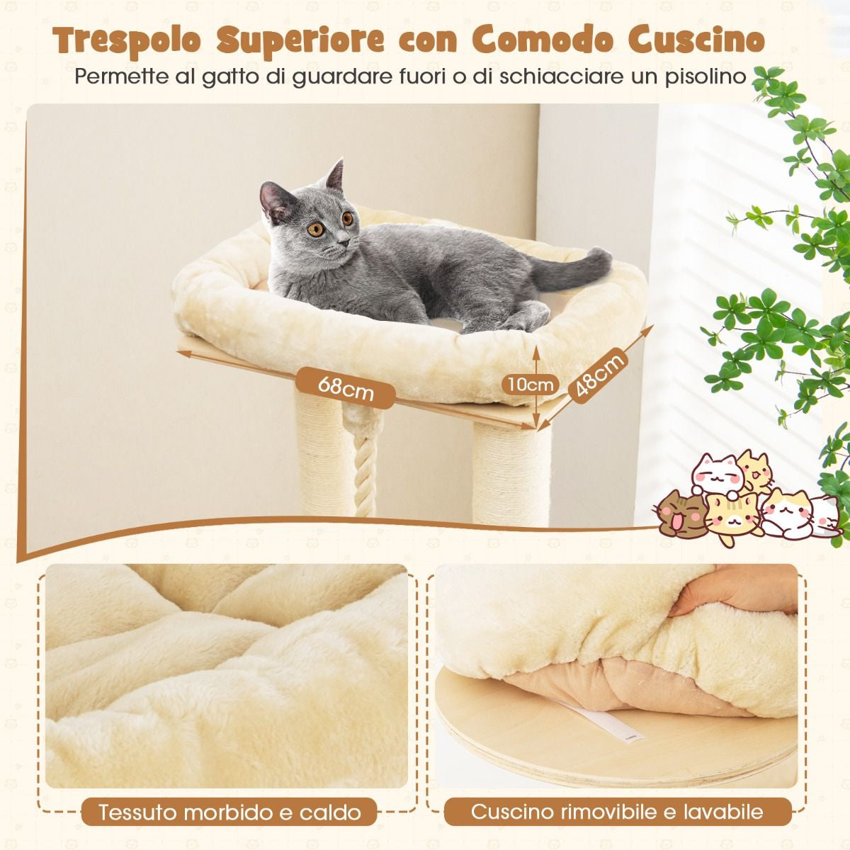 Albero per Gatti Multi-Livello Con Nicchia a 3 Piani 2 Cucce Tiragraffi, Torre per Gatti in Legno Da Interno 2 Colori