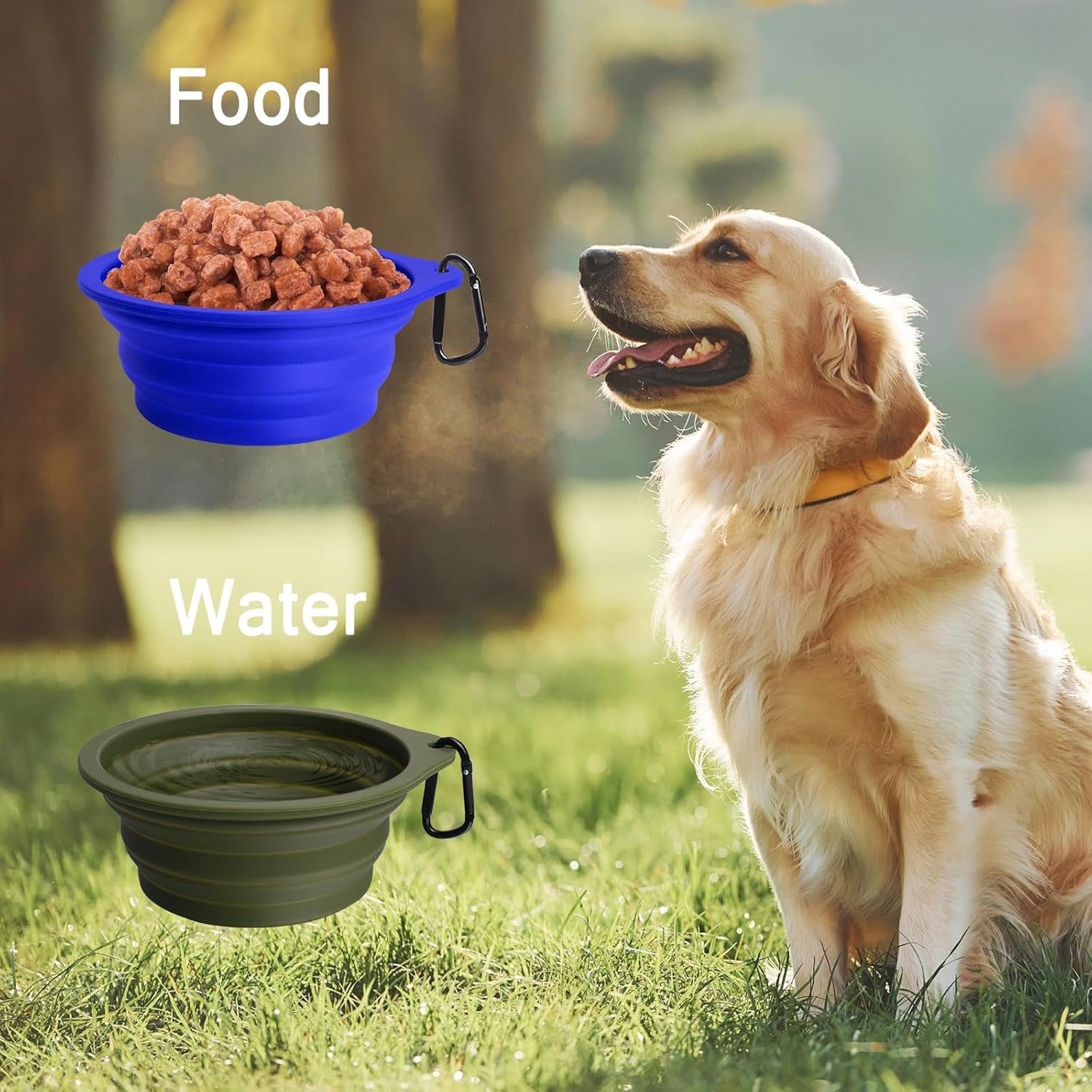 2-Pack Silicone Collapsible Dog Bowls, BPA Free Dishwasher Safe, Portable Foldable Expandable Travel Bowl, Food Water Feeding Cup Dish for Dogs Cats with 2 Carabiners (Army Green, Blue) | 20 Oz, Silicone, Foldable Expandable Cat Feeding Cup Dish, 2 Carabi