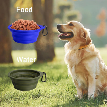 2-Pack Silicone Collapsible Dog Bowls, BPA Free Dishwasher Safe, Portable Foldable Expandable Travel Bowl, Food Water Feeding Cup Dish for Dogs Cats with 2 Carabiners (Army Green, Blue) | 20 Oz, Silicone, Foldable Expandable Cat Feeding Cup Dish, 2 Carabi