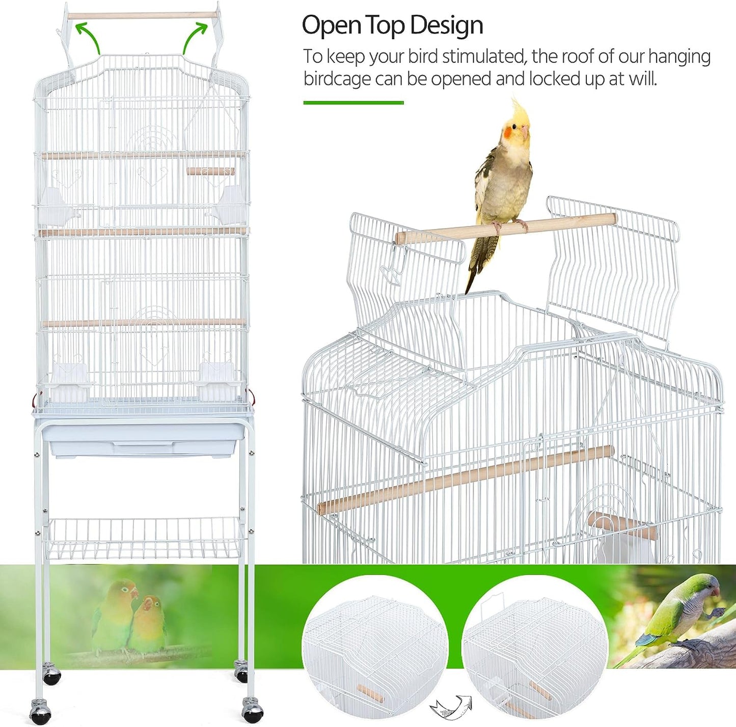 Yaheetech 64'' Open Top Bird Cage for Parakeets, Lovebirds, Finches | Detachable Rolling Stand, Easy Cleaning Slide-Out Tray, Feeder Doors, 1 Swing, 4 Perches, 4 Feeders, Indoor Outdoor Use
