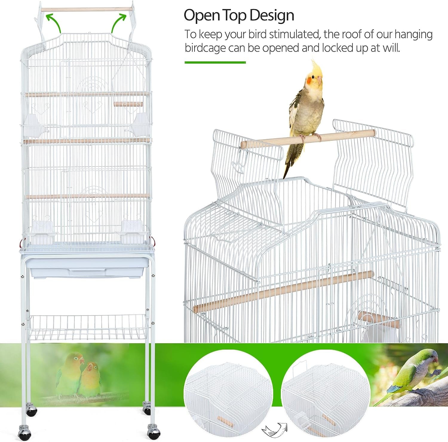Yaheetech 64'' Open Top Bird Cage for Parakeets, Lovebirds, Finches | Detachable Rolling Stand, Easy Cleaning Slide-Out Tray, Feeder Doors, 1 Swing, 4 Perches, 4 Feeders, Indoor Outdoor Use