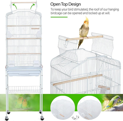 Yaheetech 64'' Open Top Bird Cage for Parakeets, Lovebirds, Finches | Detachable Rolling Stand, Easy Cleaning Slide-Out Tray, Feeder Doors, 1 Swing, 4 Perches, 4 Feeders, Indoor Outdoor Use