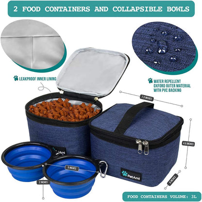 Dog Travel Bag Organizer, Pet Supplies Diaper Tote, Navy Blue Medium | Pet Travel Kit with 2 Food Containers & 2 Collapsible Dog Bowls, Luggage Sleeve, Weekend Getaway Road Trip Camping Essentials