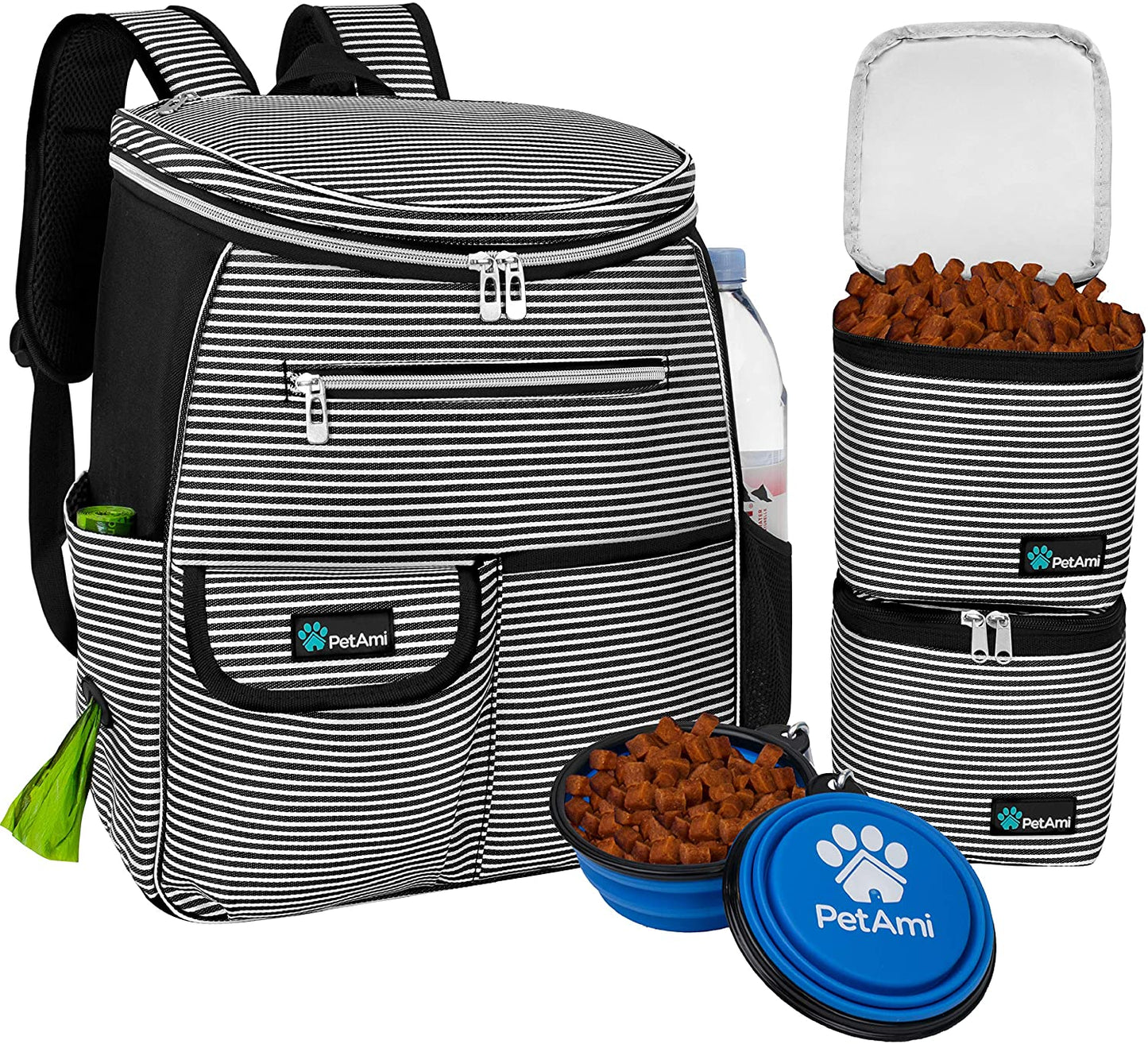 Dog Travel Bag | Backpack Organizer with Dispenser for Poop Bags, Pockets, Food Bag, Collapsible Bowl | Pet Travel Set for Hiking, Black with Stripes, One Size (Pack of 1), Adjustable