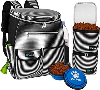 Dog Travel Bag | Backpack Organizer with Dispenser for Poop Bags, Pockets, Food Bag, Collapsible Bowl | Pet Travel Set for Hiking, Black with Stripes, One Size (Pack of 1), Adjustable