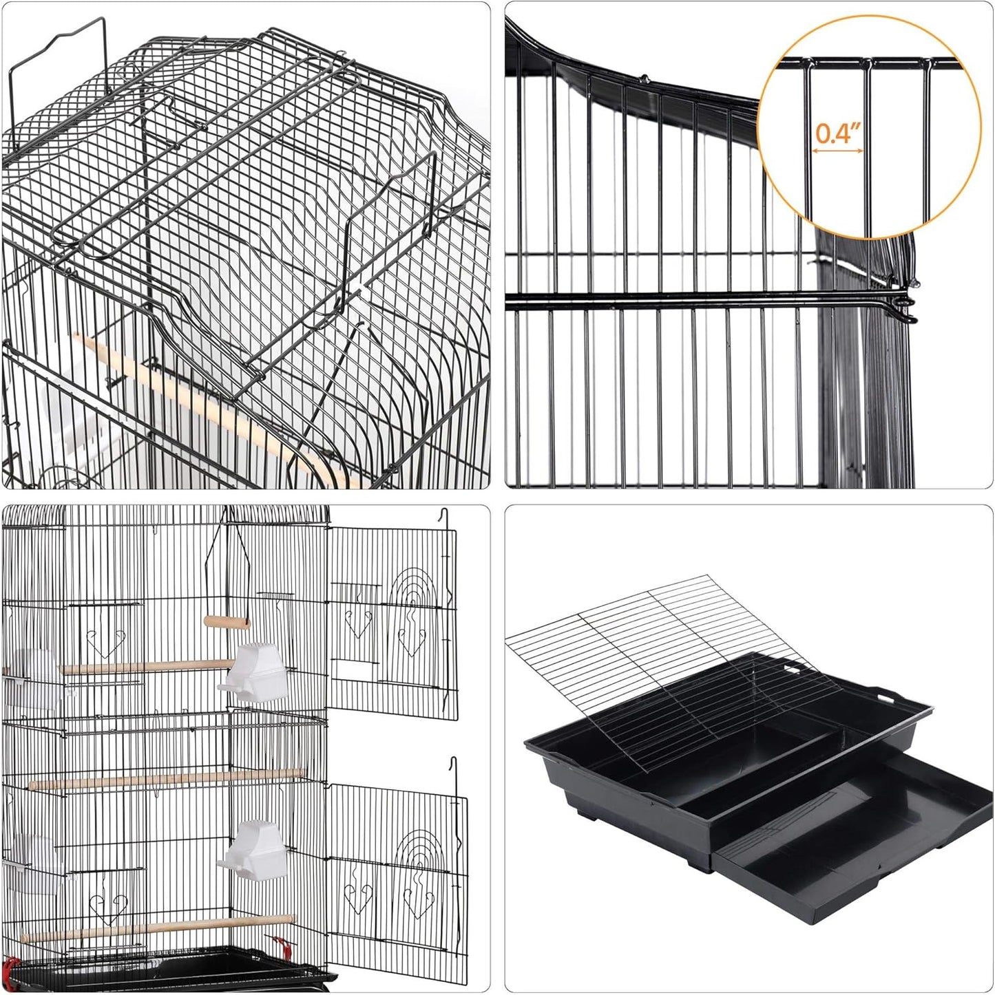 Yaheetech 64'' Open Top Bird Cage for Parakeets & Cockatiels, Black | Detachable Rolling Stand with Shelf, Easy Clean Slide Out Tray, 4 Feeder Doors, 0.4'' Bar Spacing, Indoor & Outdoor Use