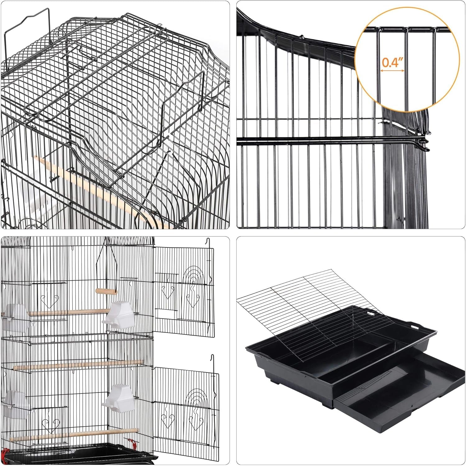 Yaheetech 64'' Open Top Bird Cage for Parakeets & Cockatiels, Black | Detachable Rolling Stand with Shelf, Easy Clean Slide Out Tray, 4 Feeder Doors, 0.4'' Bar Spacing, Indoor & Outdoor Use