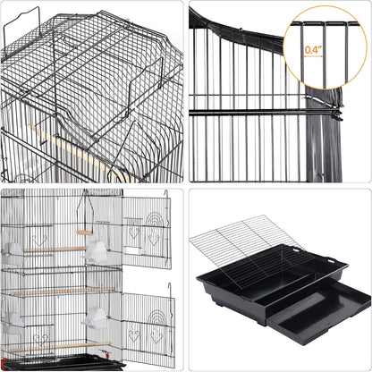 Yaheetech 64'' Open Top Bird Cage for Parakeets & Cockatiels, Black | Detachable Rolling Stand with Shelf, Easy Clean Slide Out Tray, 4 Feeder Doors, 0.4'' Bar Spacing, Indoor & Outdoor Use
