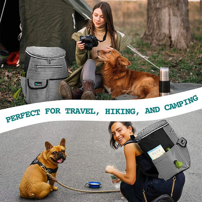 Dog Travel Bag | Backpack Organizer with Dispenser for Poop Bags, Pockets, Food Bag, Collapsible Bowl | Pet Travel Set for Hiking, Black with Stripes, One Size (Pack of 1), Adjustable