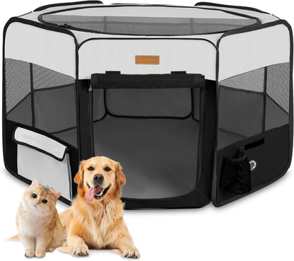 Portable Dog Playpen, Foldable Pet Play Pen for Puppy Cat, Black | Pop‑Up Dog Playpens Indoor & Outdoor, Waterproof Dog Kennel Cage, Removable Top, Travel Camping Playpen, Medium Size