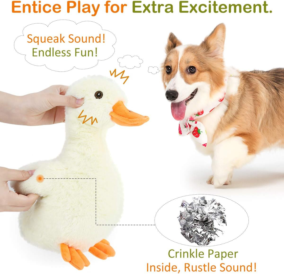 Squeak Plush Duck Dog Toy, Large 12'' Soft Stuffed Duck Pet Toys | Crinkle Paper Rattle Pet Biting Training Chew Toys Non-Toxic Plush Doll for Pets Dogs, Light Yellow/Orange