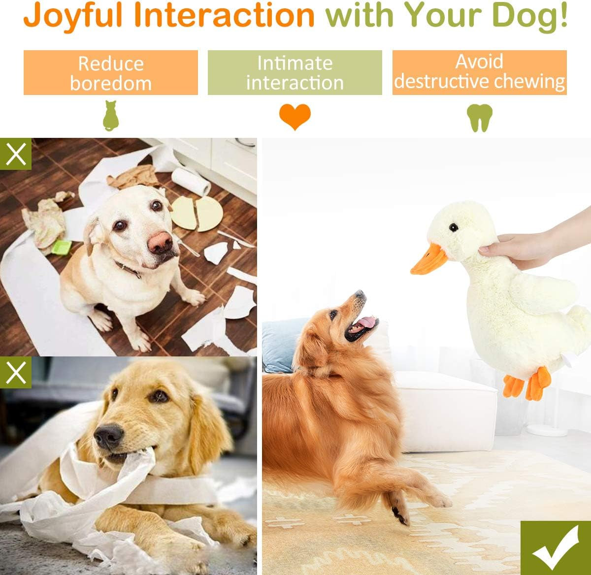 Squeak Plush Duck Dog Toy, Large 12'' Soft Stuffed Duck Pet Toys | Crinkle Paper Rattle Pet Biting Training Chew Toys Non-Toxic Plush Doll for Pets Dogs, Light Yellow/Orange