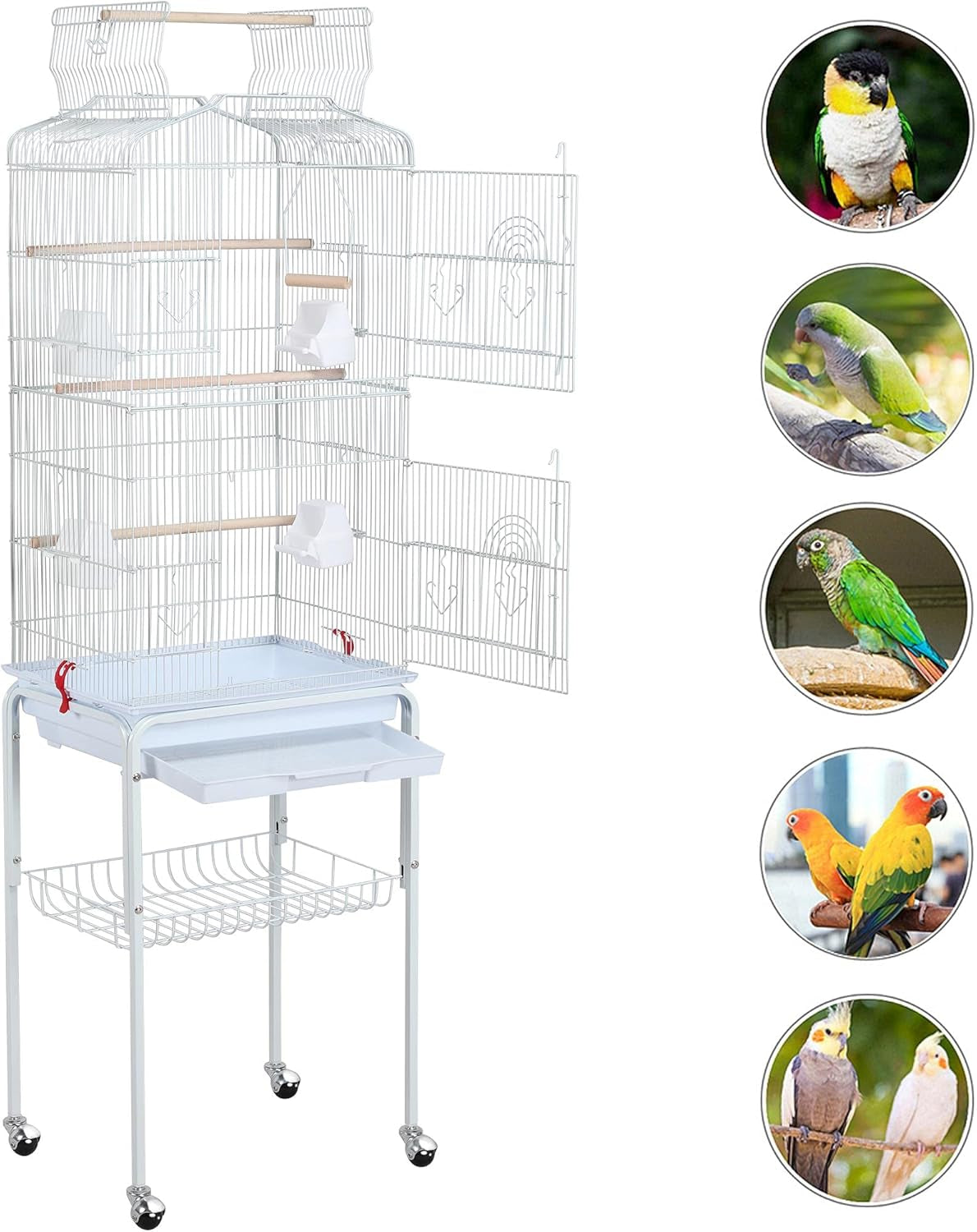 Yaheetech 64'' Open Top Bird Cage for Parakeets, Lovebirds, Finches | Detachable Rolling Stand, Easy Cleaning Slide-Out Tray, Feeder Doors, 1 Swing, 4 Perches, 4 Feeders, Indoor Outdoor Use