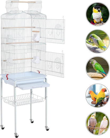 Yaheetech 64'' Open Top Bird Cage for Parakeets, Lovebirds, Finches | Detachable Rolling Stand, Easy Cleaning Slide-Out Tray, Feeder Doors, 1 Swing, 4 Perches, 4 Feeders, Indoor Outdoor Use