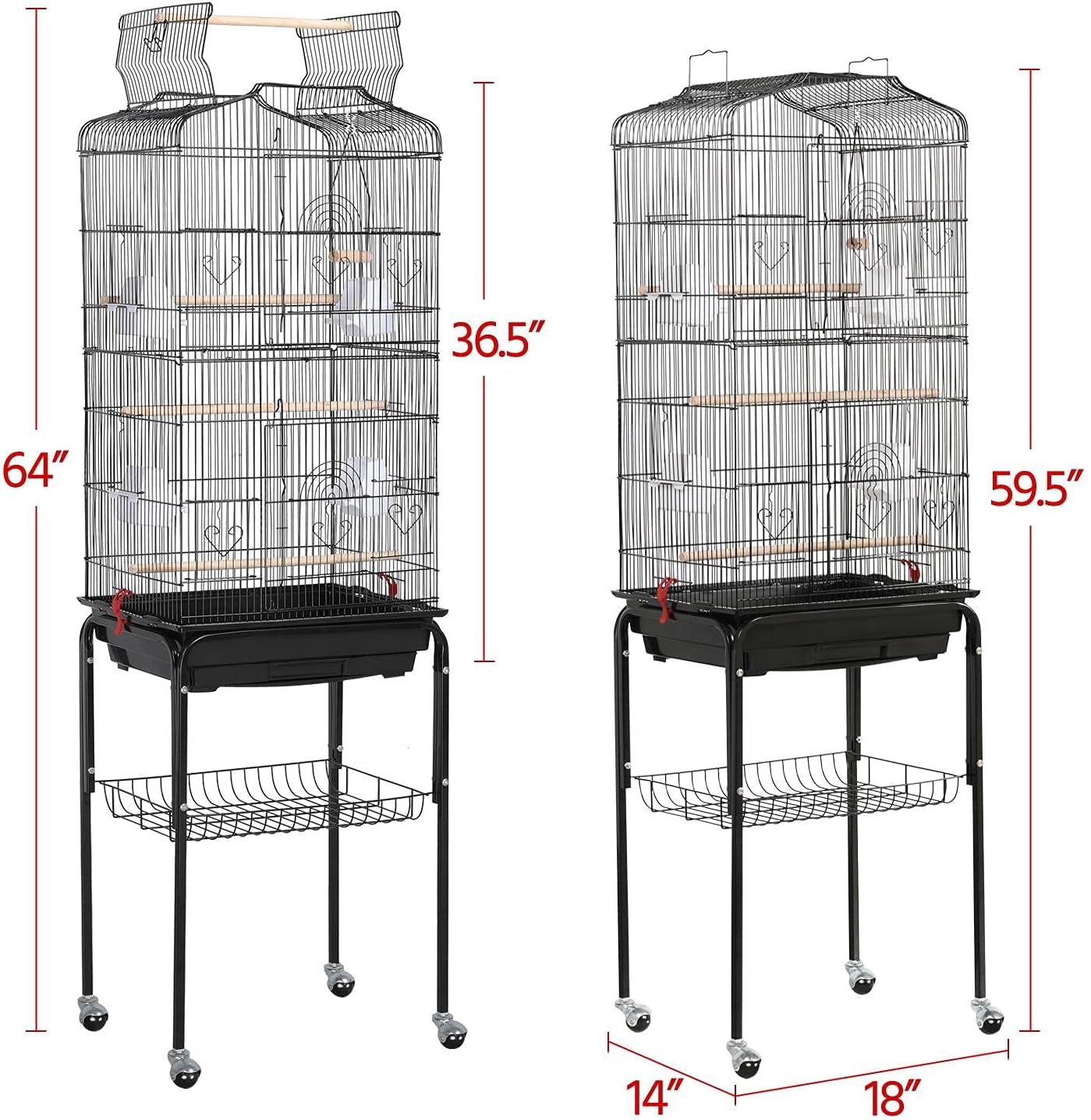 Yaheetech 64'' Open Top Bird Cage for Parakeets & Cockatiels, Black | Detachable Rolling Stand with Shelf, Easy Clean Slide Out Tray, 4 Feeder Doors, 0.4'' Bar Spacing, Indoor & Outdoor Use