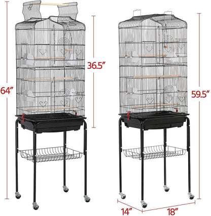 Yaheetech 64'' Open Top Bird Cage for Parakeets & Cockatiels, Black | Detachable Rolling Stand with Shelf, Easy Clean Slide Out Tray, 4 Feeder Doors, 0.4'' Bar Spacing, Indoor & Outdoor Use
