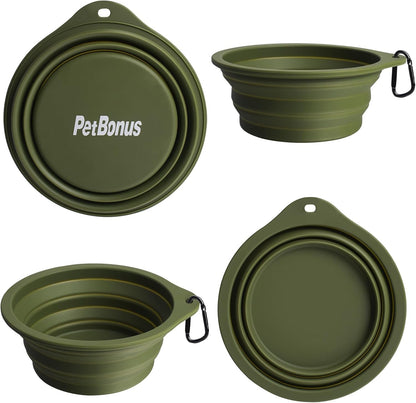 2-Pack Silicone Collapsible Dog Bowls, BPA Free Dishwasher Safe, Portable Foldable Expandable Travel Bowl, Food Water Feeding Cup Dish for Dogs Cats with 2 Carabiners (Army Green, Blue) | 20 Oz, Silicone, Foldable Expandable Cat Feeding Cup Dish, 2 Carabi
