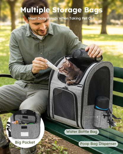 Cat Backpack Dog Backpack, Breathable Dog Rucksack, Grey,L | Cat Backpack Carrier with Front Opening-Mesh Window-Pockets, Airy Large Space for Carrying Pets under 5Kg