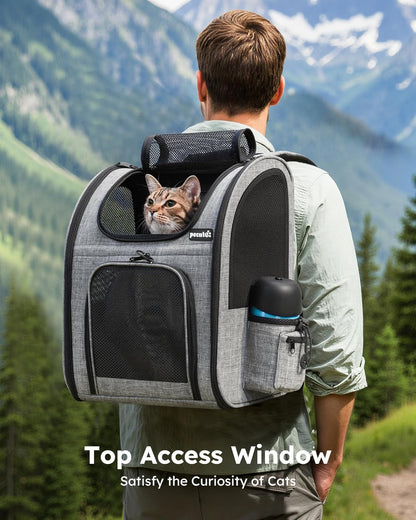 Cat Backpack Dog Backpack, Breathable Dog Rucksack, Grey,L | Cat Backpack Carrier with Front Opening-Mesh Window-Pockets, Airy Large Space for Carrying Pets under 5Kg