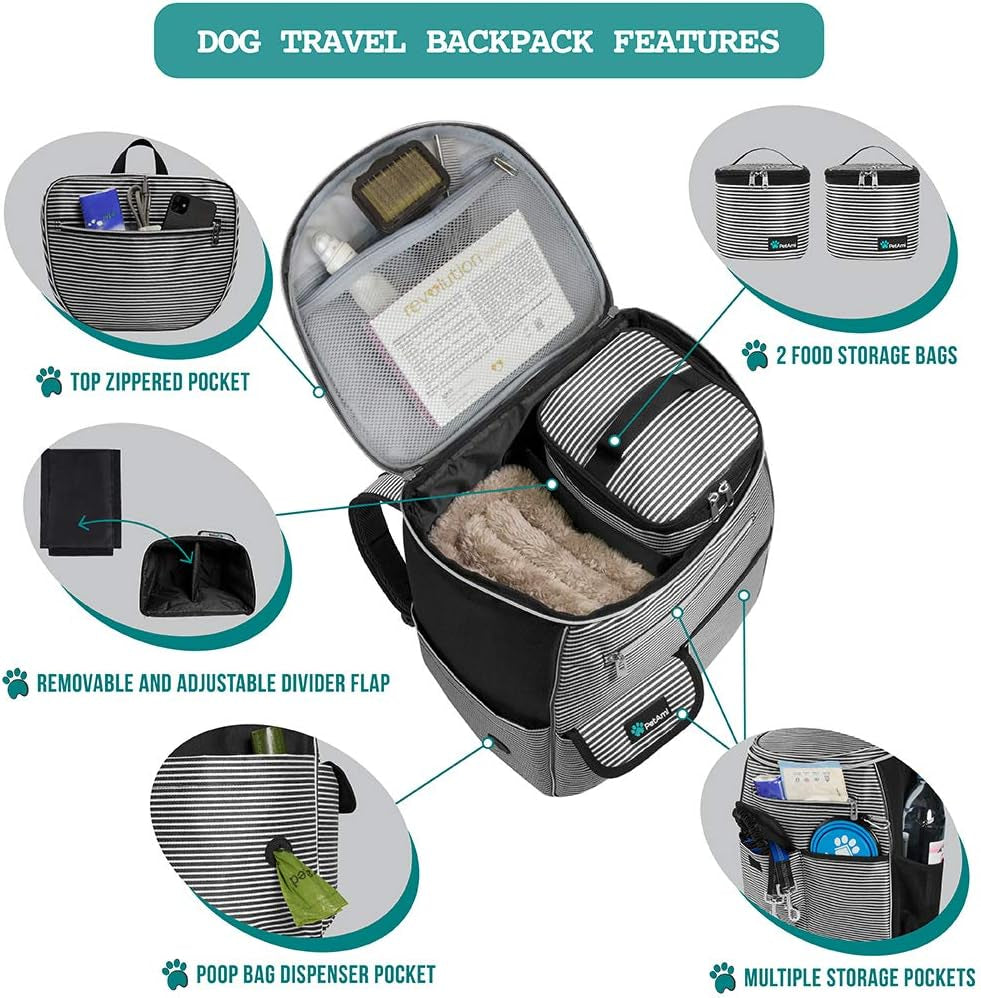 Dog Travel Bag | Backpack Organizer with Dispenser for Poop Bags, Pockets, Food Bag, Collapsible Bowl | Pet Travel Set for Hiking, Black with Stripes, One Size (Pack of 1), Adjustable