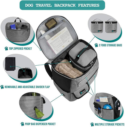 Dog Travel Bag | Backpack Organizer with Dispenser for Poop Bags, Pockets, Food Bag, Collapsible Bowl | Pet Travel Set for Hiking, Black with Stripes, One Size (Pack of 1), Adjustable