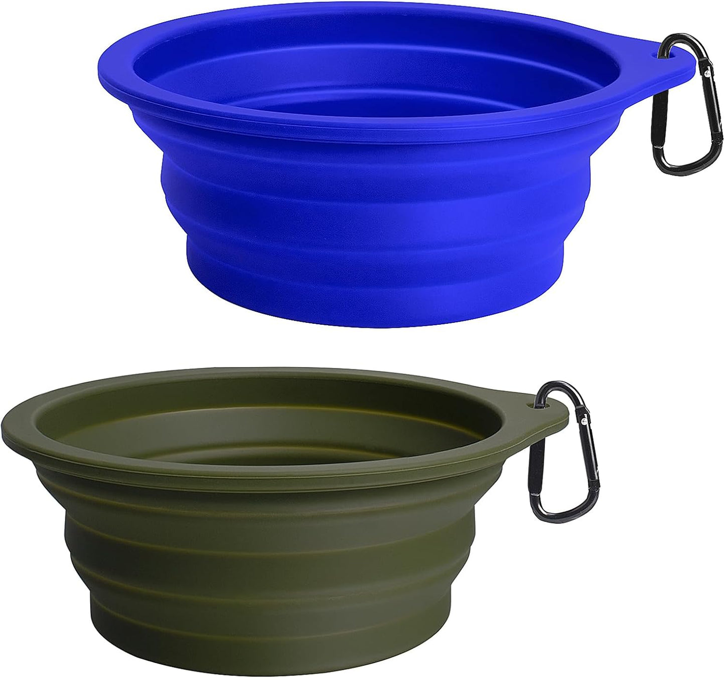 2-Pack Silicone Collapsible Dog Bowls, BPA Free Dishwasher Safe, Portable Foldable Expandable Travel Bowl, Food Water Feeding Cup Dish for Dogs Cats with 2 Carabiners (Army Green, Blue) | 20 Oz, Silicone, Foldable Expandable Cat Feeding Cup Dish, 2 Carabi
