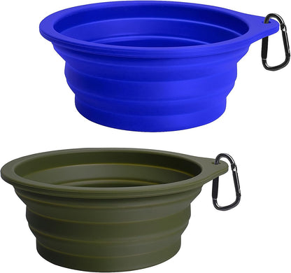 2-Pack Silicone Collapsible Dog Bowls, BPA Free Dishwasher Safe, Portable Foldable Expandable Travel Bowl, Food Water Feeding Cup Dish for Dogs Cats with 2 Carabiners (Army Green, Blue) | 20 Oz, Silicone, Foldable Expandable Cat Feeding Cup Dish, 2 Carabi