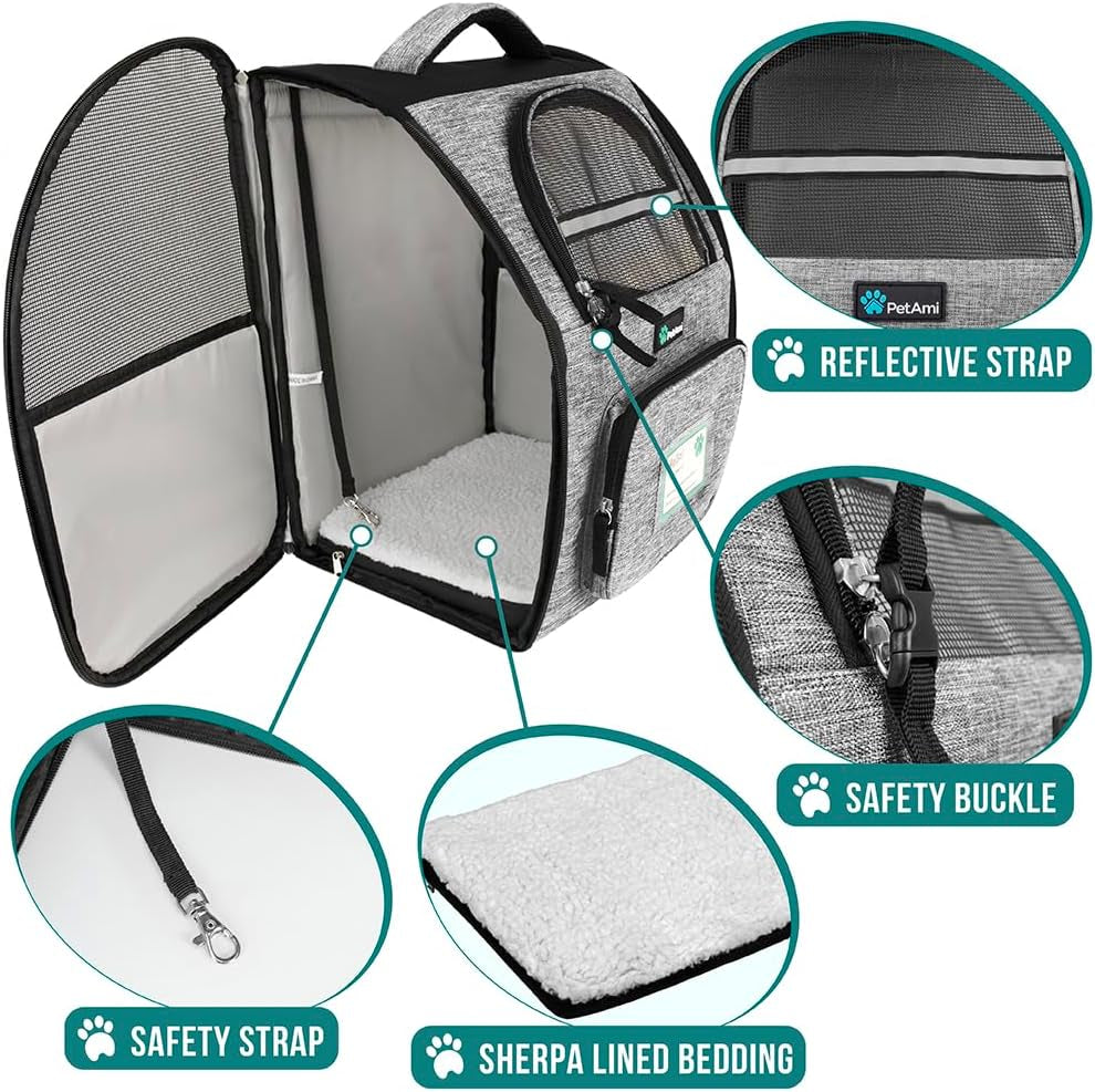 Deluxe Pet Carrier Backpack for Small Cats and Dogs, Puppies | Ventilated Design, Two-Sided Entry, Safety Features and Cushion Back Support | for Travel, Hiking, Outdoor Use (Heather Gray)