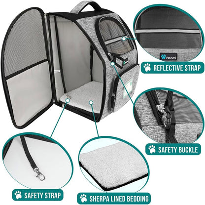 Deluxe Pet Carrier Backpack for Small Cats and Dogs, Puppies | Ventilated Design, Two-Sided Entry, Safety Features and Cushion Back Support | for Travel, Hiking, Outdoor Use (Heather Gray)