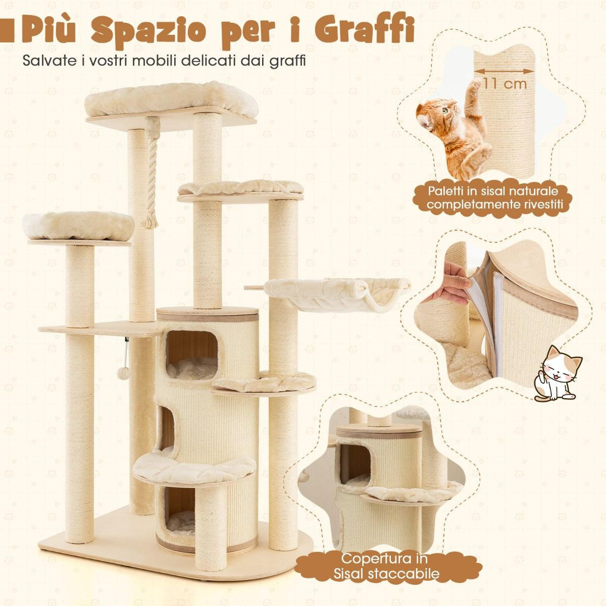 Albero per Gatti Multi-Livello Con Nicchia a 3 Piani 2 Cucce Tiragraffi, Torre per Gatti in Legno Da Interno 2 Colori