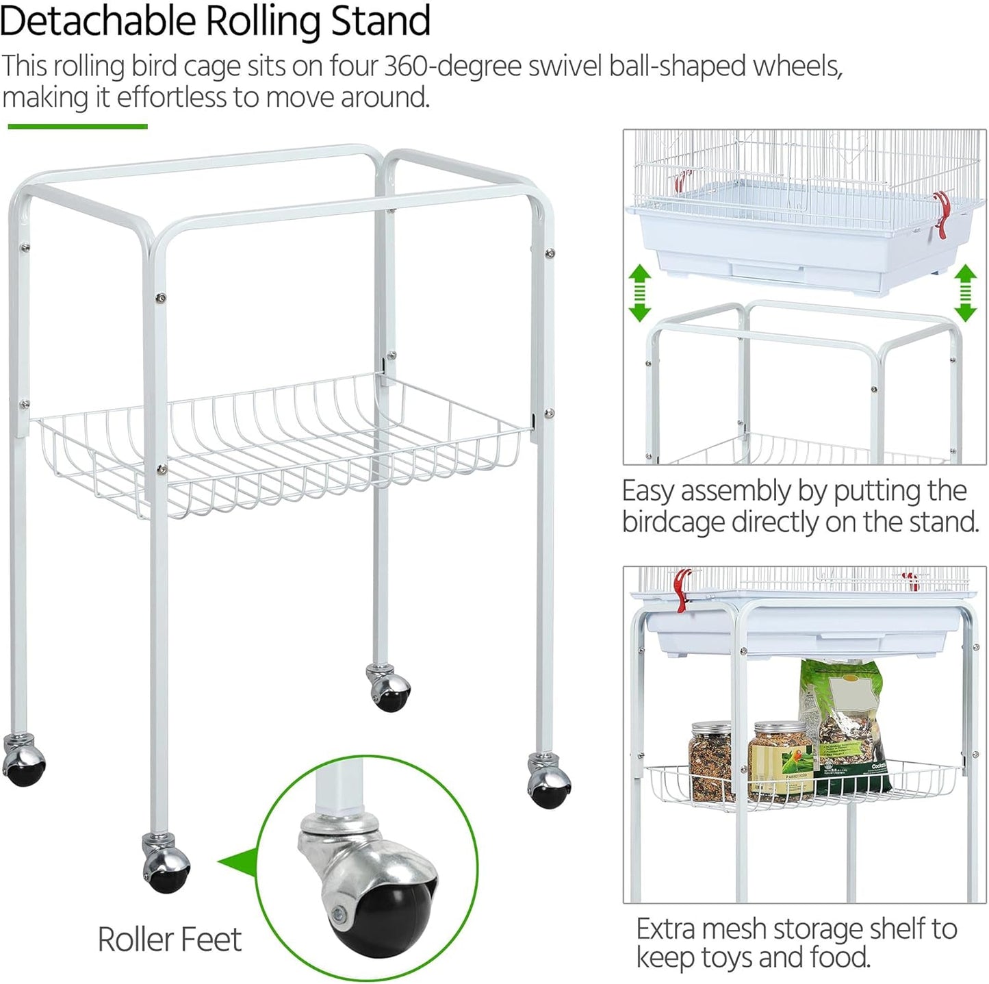 Yaheetech 64'' Open Top Bird Cage for Parakeets, Lovebirds, Finches | Detachable Rolling Stand, Easy Cleaning Slide-Out Tray, Feeder Doors, 1 Swing, 4 Perches, 4 Feeders, Indoor Outdoor Use