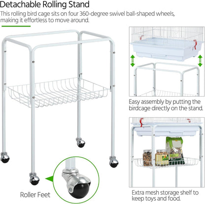 Yaheetech 64'' Open Top Bird Cage for Parakeets, Lovebirds, Finches | Detachable Rolling Stand, Easy Cleaning Slide-Out Tray, Feeder Doors, 1 Swing, 4 Perches, 4 Feeders, Indoor Outdoor Use