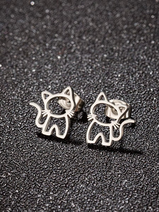 Stainless Steel Cat Stud Earrings for Men and Women - Trendy Punk Jewelry Gift for Students