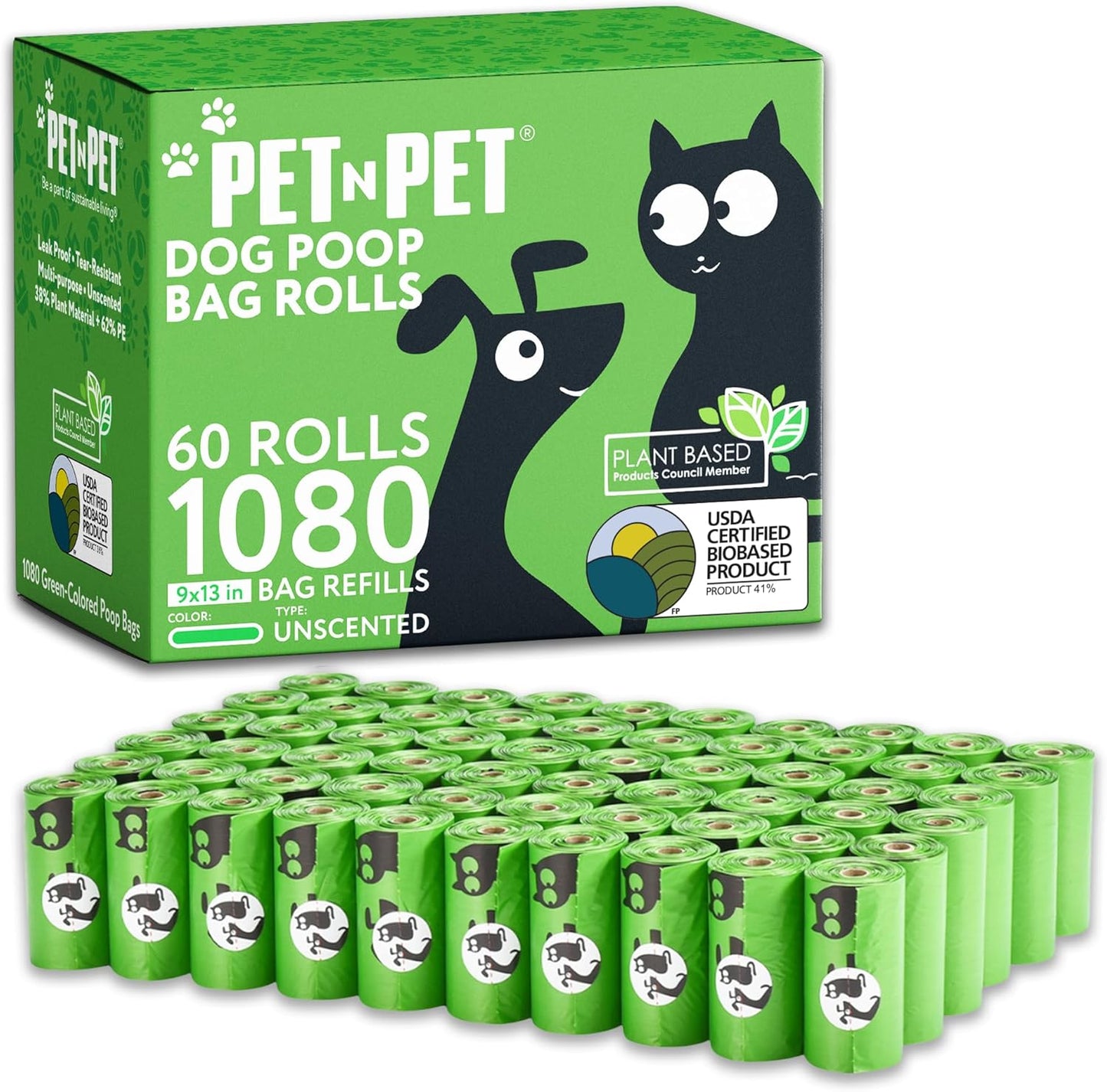 Dog Poop Bags, 1080 Count, 72 Rolls, Unscented, Green | USDA Certified 41% Plant-Based & 59% PE Dog Poo Bags, Leak-Proof 9X13 Bags for Clean and Easy Dog Waste Disposal.