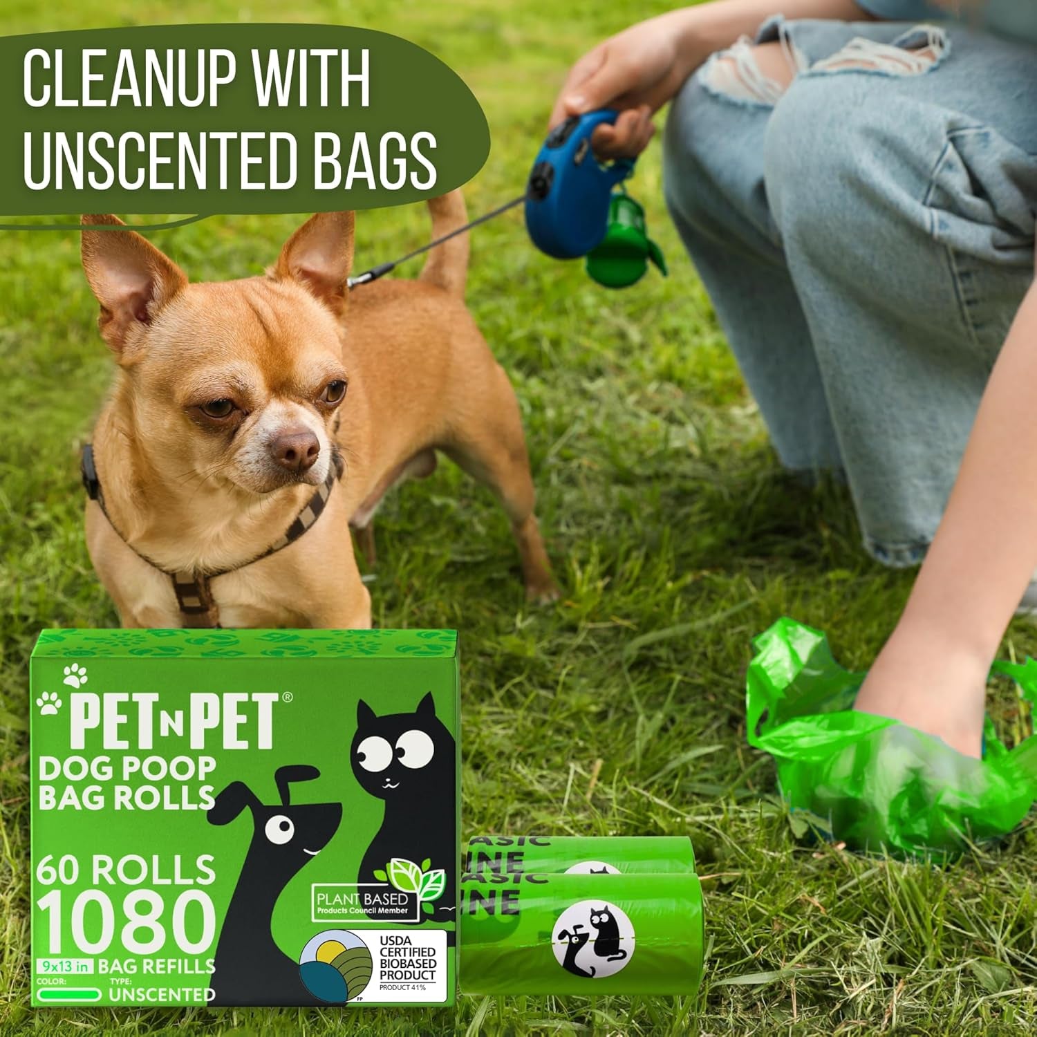 Dog Poop Bags, 1080 Count, 72 Rolls, Unscented, Green | USDA Certified 41% Plant-Based & 59% PE Dog Poo Bags, Leak-Proof 9X13 Bags for Clean and Easy Dog Waste Disposal.