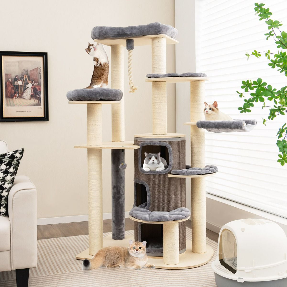 Albero per Gatti Multi-Livello Con Nicchia a 3 Piani 2 Cucce Tiragraffi, Torre per Gatti in Legno Da Interno 2 Colori