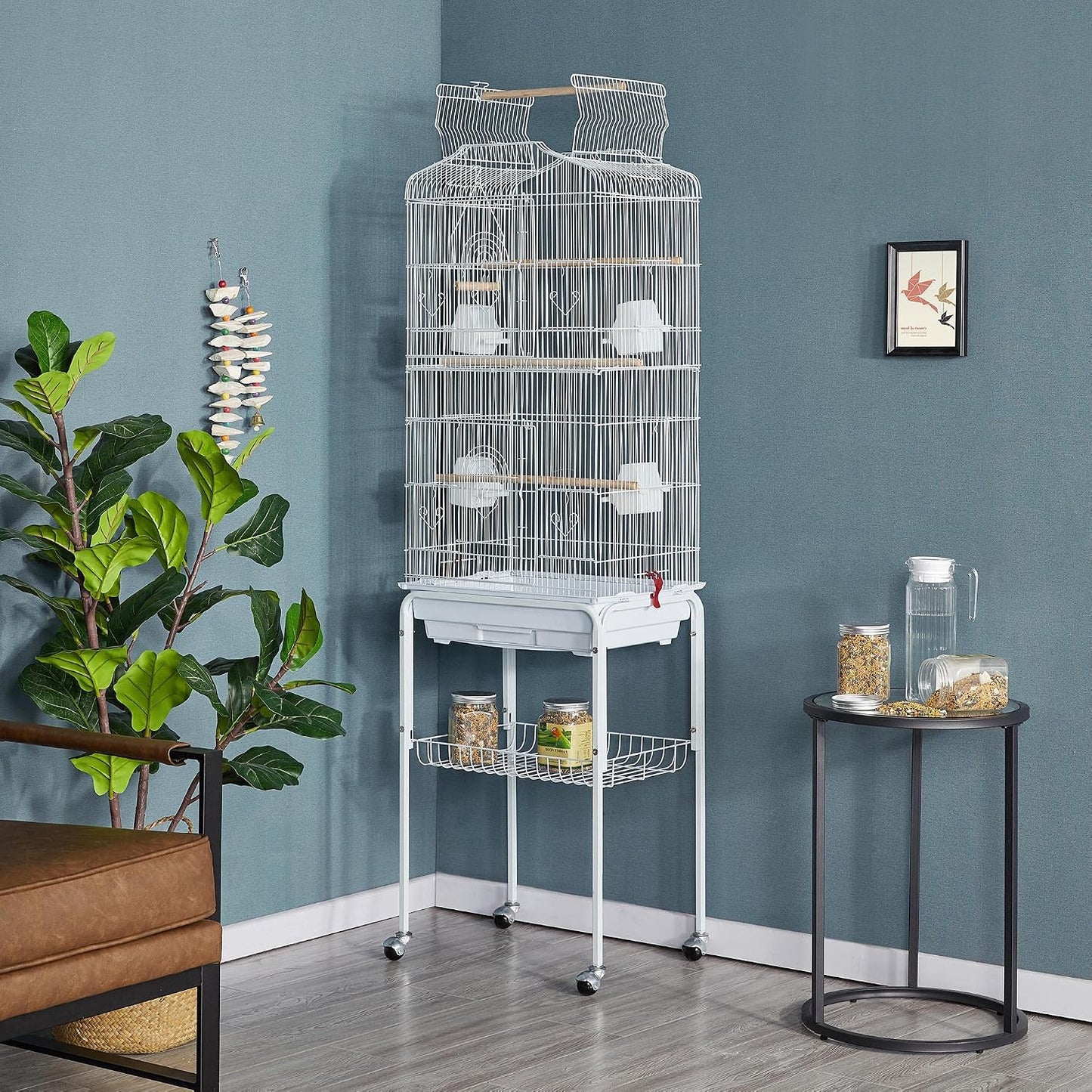 Yaheetech 64'' Open Top Bird Cage for Parakeets, Lovebirds, Finches | Detachable Rolling Stand, Easy Cleaning Slide-Out Tray, Feeder Doors, 1 Swing, 4 Perches, 4 Feeders, Indoor Outdoor Use