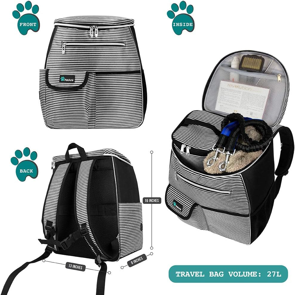 Dog Travel Bag | Backpack Organizer with Dispenser for Poop Bags, Pockets, Food Bag, Collapsible Bowl | Pet Travel Set for Hiking, Black with Stripes, One Size (Pack of 1), Adjustable