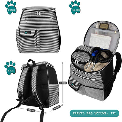 Dog Travel Bag | Backpack Organizer with Dispenser for Poop Bags, Pockets, Food Bag, Collapsible Bowl | Pet Travel Set for Hiking, Black with Stripes, One Size (Pack of 1), Adjustable