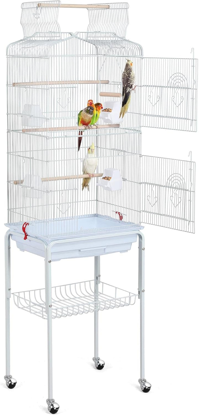 Yaheetech 64'' Open Top Bird Cage for Parakeets, Lovebirds, Finches | Detachable Rolling Stand, Easy Cleaning Slide-Out Tray, Feeder Doors, 1 Swing, 4 Perches, 4 Feeders, Indoor Outdoor Use