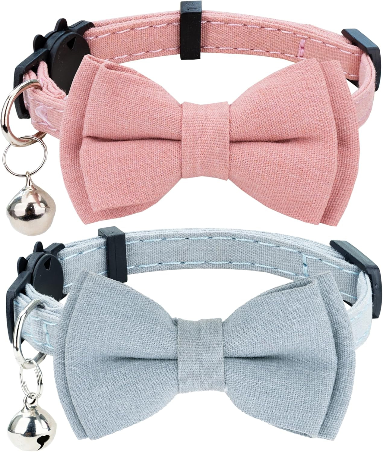 Cat Collar Breakaway Bowtie Safety with Bell Adjustbale Kitten Puppy Solid Plaid Color Set A-[2Pcs] Pink & Blue Grey