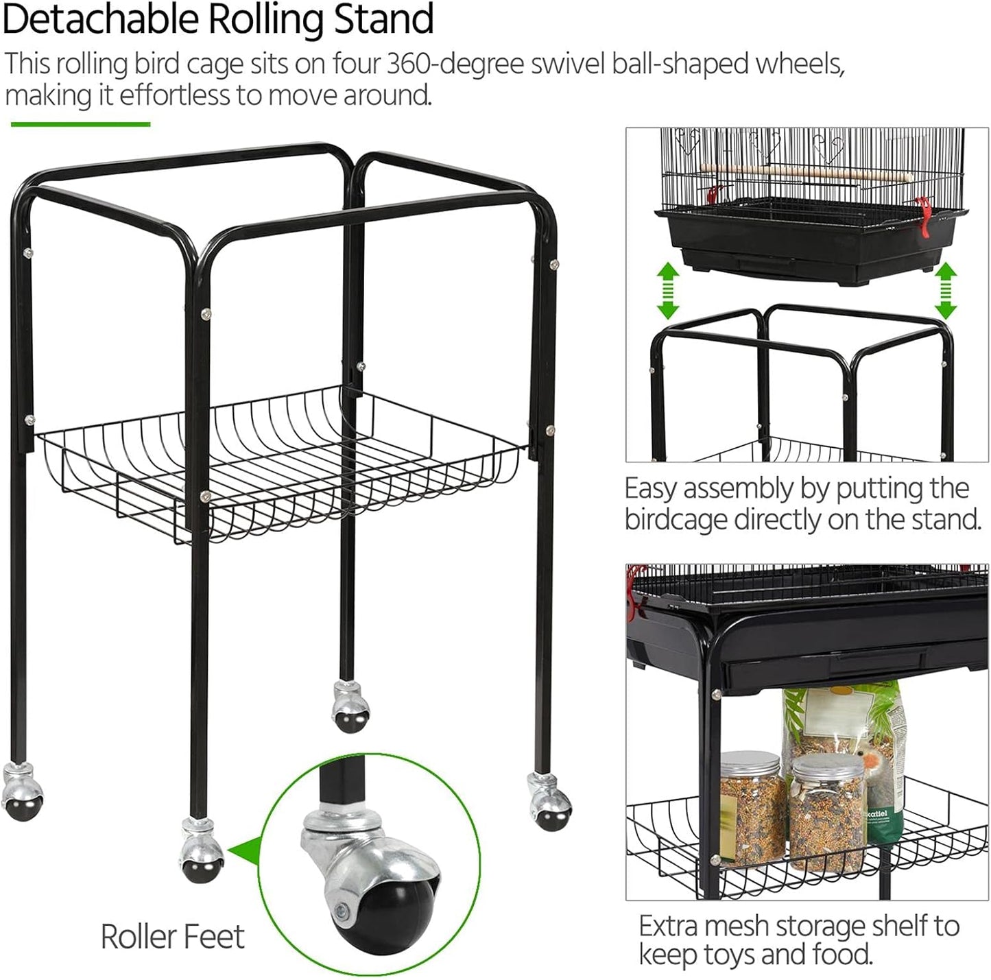 Yaheetech 64'' Open Top Bird Cage for Parakeets & Cockatiels, Black | Detachable Rolling Stand with Shelf, Easy Clean Slide Out Tray, 4 Feeder Doors, 0.4'' Bar Spacing, Indoor & Outdoor Use